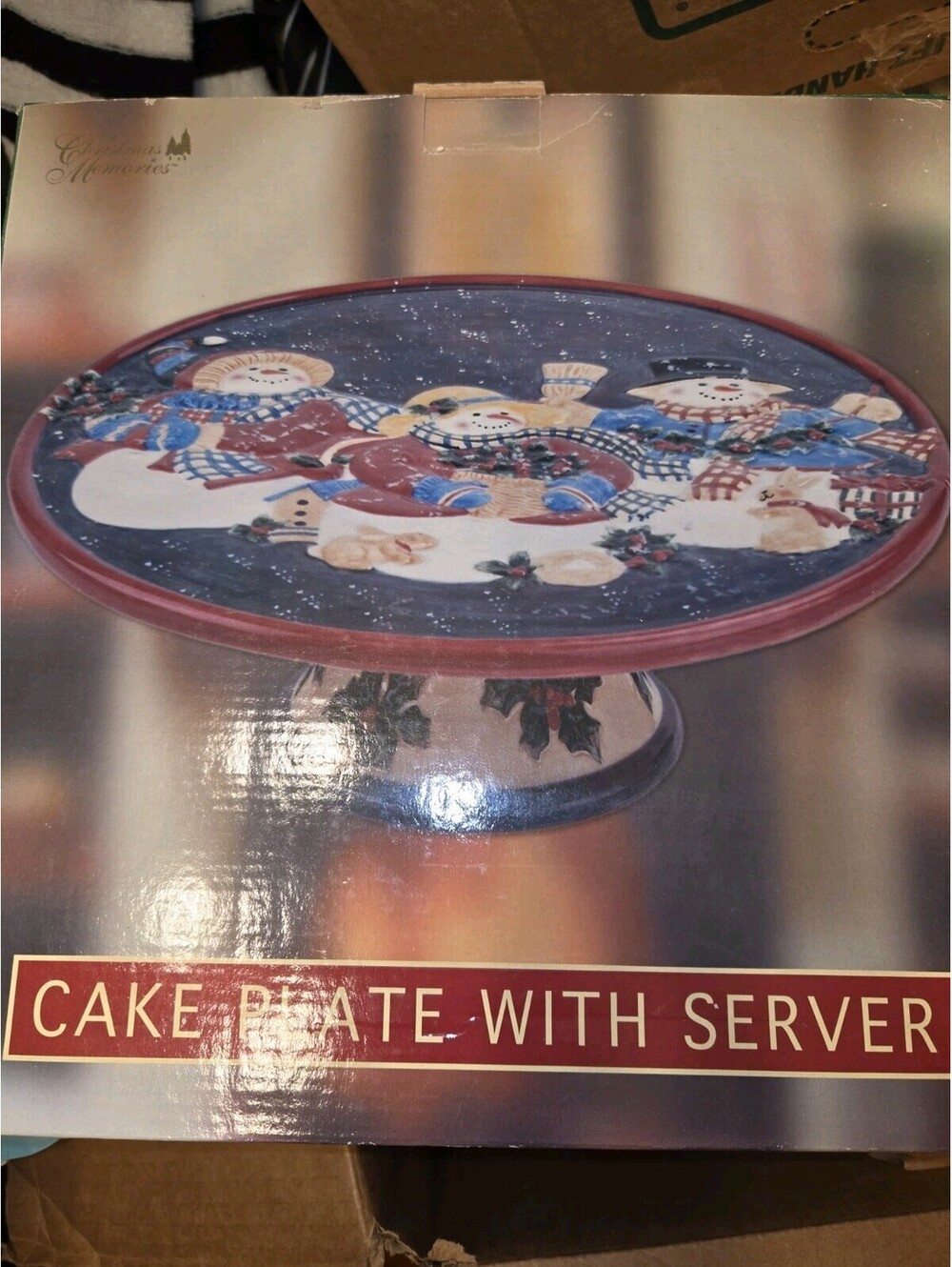 Snowman cake platter with server